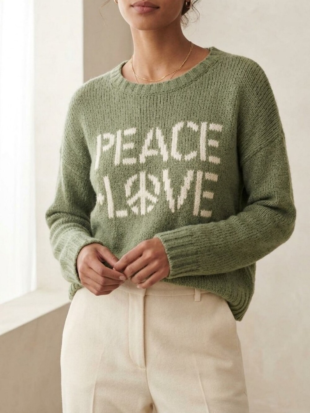 Wooden Ships By Paola Buendia Olive Green 'PEACE LOVE' Crewneck Sweater XS Flowy
